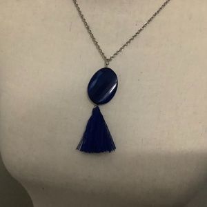 Blue Pendant w/Tassel on Silver Tone Chain